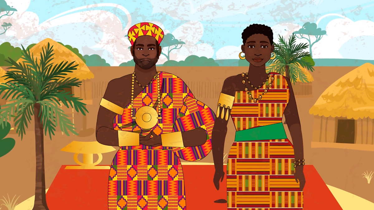 A cartoon image of two African people, a man on the left and a woman on the right. They are wearing traditional kente clothing with an orange base. They decorated the outfit with gold accessories and stand in front of a village scenery with huts and trees surrounding them.